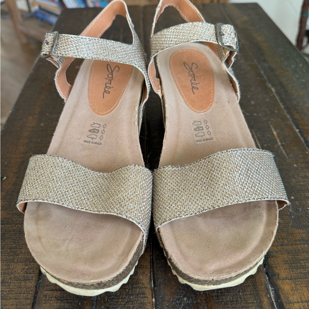 Gold Wedge Sandals with Textured Straps